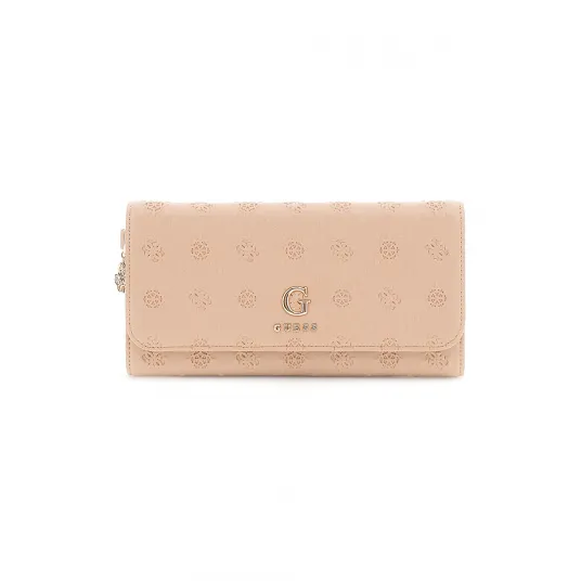GUESS, Portofel din piele ecologica cu model monograma si clapa, Bej