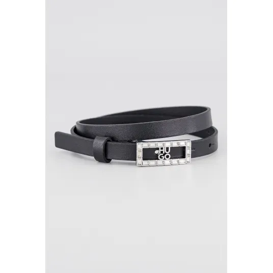 HUGO, Curea de piele cu catarama cu logo, Negru, 90