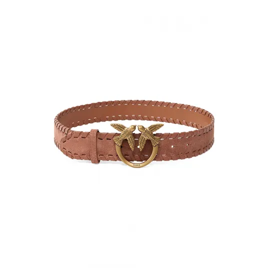 Pinko, Curea de piele intoarsa cu catarama cu logo, Maro cognac, 84