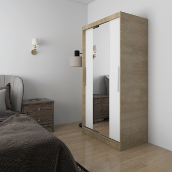 Dulap Kring Fiona 100, usi glisante cu oglinda, 100x60x200 cm, culoare sonoma/alb