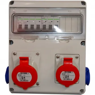Tablou organizare electrica santier cablat Scame E2 633.RO0025, 5 module, montaj aparent, cu 2 prize trifazice 16A/32A si 2 prize simple cu impamantare, IP44