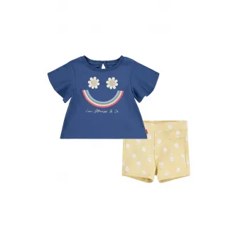 Levi's, Set de pantaloni scurti si tricou cu imprimeu floral, Galben, Albastru inchis, 80 CM
