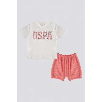 U.S. Polo Assn., Set de pantaloni scurti si tricou cu imprimeu - 2 piese, Alb, Corai, Albastru, 68-74 CM