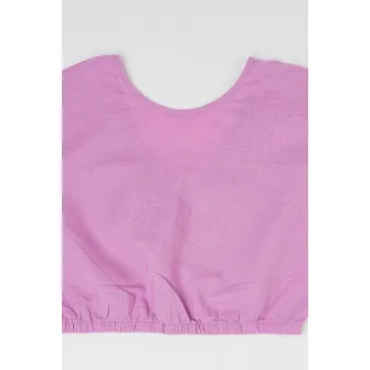 United Colors of Benetton, Bluza crop din amestec de in si bumbac cu maneci scurte, Lila, 150 CM