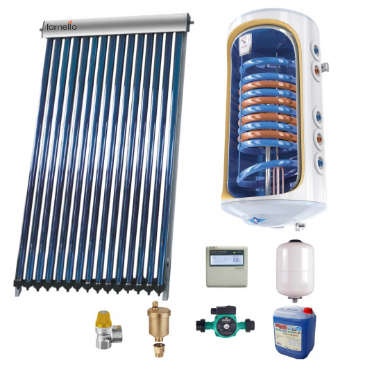 Sistem solar presurizat, panou solar Heat Pipe Sunsystem VTC 15 tuburi,  boiler 150 litri cu 2 serpentine Tesy Bilight, pompa de circulatie 25-60,  vas de expansiune 18 litri, controller solar, supapa siguranta, aerisitor  automat, antigel solar