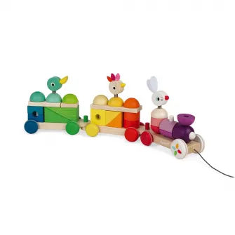 Jucarie de tras Janod - Zigolos, Trenulet gigant multicolor, din lemn