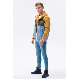 OMBRE, Geaca cu fermoar si model colorblock, Albastru, Ocru, 2XL