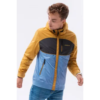 OMBRE, Geaca cu fermoar si model colorblock, Albastru, Ocru, 2XL