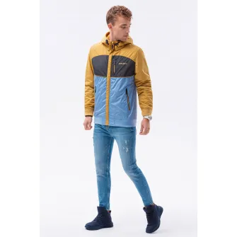 OMBRE, Geaca cu fermoar si model colorblock, Albastru, Ocru, 2XL