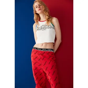 Penti, Top crop de pijama cu imprimeu, Rosu, Alb, XL