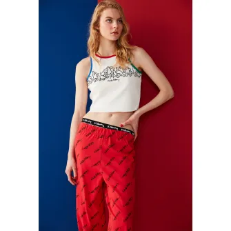 Penti, Top crop de pijama cu imprimeu, Rosu, Alb, XL