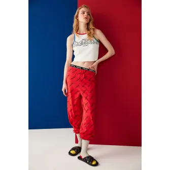 Penti, Top crop de pijama cu imprimeu, Rosu, Alb, XL