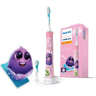 Periuta electrica sonica Philips Sonicare Kids HX6352/42, 62000 miscari/minut, 2 moduri de curatare, conectivitate la aplicatie, 2 capete de periere, aplicatie de consiliere, Roz