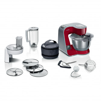 Robot de bucatarie Bosch MUM5X720, cu cantar integrat, 1000 W, Bol otel inoxidabil 3.9 l, blender 1.25 l, 7 viteze+impulse, mixare planetara 3D, rosu