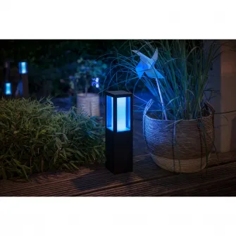 Stalp iluminat exterior LED RGBW integrat Philips Impress HUE, control inteligent cu Hue Bridge, 2x8W, 1200 lm, lumina alba/color, IP44, 40 cm, metal/sticla, Negru, clasa energetica G
