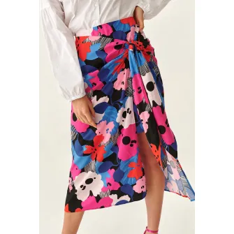 Tatuum, Fusta cu croiala petrecuta si model floral, Rosu, Roz, Albastru, 42