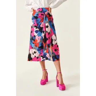 Tatuum, Fusta cu croiala petrecuta si model floral, Rosu, Roz, Albastru, 42