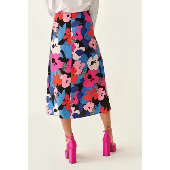 Tatuum, Fusta cu croiala petrecuta si model floral, Rosu, Roz, Albastru, 42
