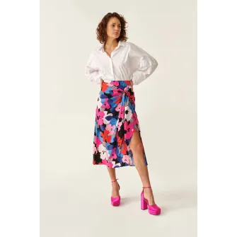 Tatuum, Fusta cu croiala petrecuta si model floral, Rosu, Roz, Albastru, 42
