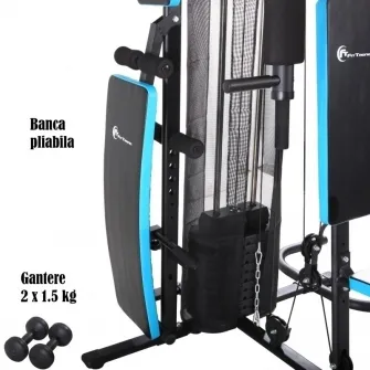 Aparat multifunctional FitTronic Atletic 470, 45 kg incluse, suport biceps, banca exercitii pliabila, manere flotari, suport tractiuni, bara tractiuni, gantere, greutate maxima utilizator 120 kg