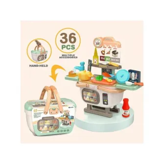 Bucatarie 2 in 1 AliBibi pentru copii cu vesela, alimente si chiuveta