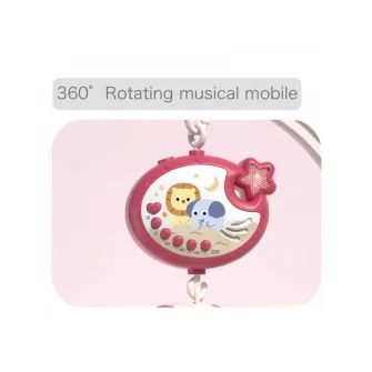Carusel muzical AliBibi cu proiectii luminoase, 400 melodii, rotatie 360 grade, accesorii incluse, telecomanda, culoare roz