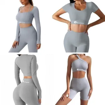 Set costum fitness FitTronic Y400 gray, 6 piese, Pantalon scurt si lung, top, bustiera, bluza maneca scurta si lunga, marimea S, material ce se muleaza pe corp, accentueaza silueta