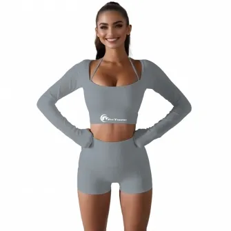 Set costum fitness FitTronic Y400 gray, 6 piese, Pantalon scurt si lung, top, bustiera, bluza maneca scurta si lunga, marimea S, material ce se muleaza pe corp, accentueaza silueta