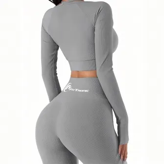 Set costum fitness FitTronic Y400 gray, 6 piese, Pantalon scurt si lung, top, bustiera, bluza maneca scurta si lunga, marimea S, material ce se muleaza pe corp, accentueaza silueta