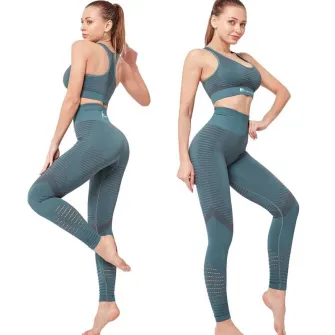 Set costum fitness FitTronic Y610 Turqoise, masura S, material ce se muleaza pe corp, accentueaza silueta