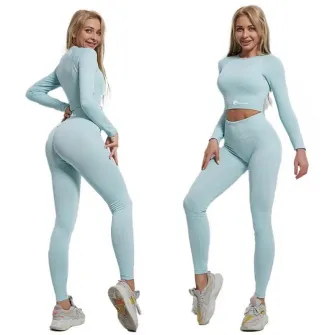 Set costum fitness FitTronic Y720 Turqoise, marimea S, material ce se muleaza pe corp, accentueaza silueta