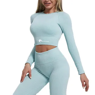 Set costum fitness FitTronic Y720 Turqoise, marimea S, material ce se muleaza pe corp, accentueaza silueta
