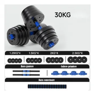Set gantere reglabile FitTronic 30 kg, BG30, 2 gantere de 15 kg si bara de conectare inclusa, sigurante cu filet