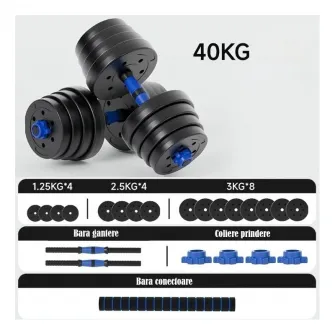 Set gantere reglabile FitTronic 40 kg, BG40, 2 gantere de 20 kg si bara de conectare inclusa, sigurante cu filet