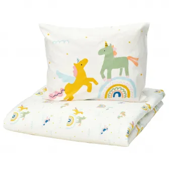 BARNDROM husa pilota+fata perna, alb multicolor/model de unicorni, 150x200/50x60 cm