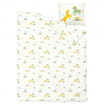 BARNDROM husa pilota+fata perna, alb multicolor/model de unicorni, 150x200/50x60 cm
