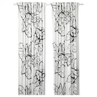 PELARKORSBAR draperii, 2buc, alb/negru model floral/rjns, 145x250 cm