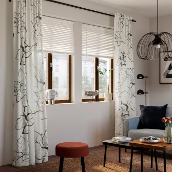 PELARKORSBAR draperii, 2buc, alb/negru model floral/rjns, 145x250 cm