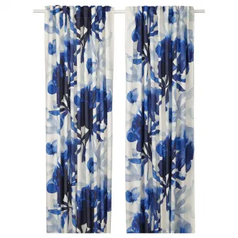 SKOGSNASSLA draperii, 2buc, alb/albastru model floral/rjns, 145x250 cm