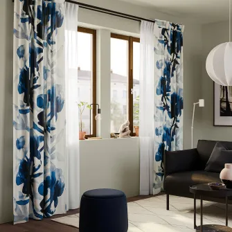 SKOGSNASSLA draperii, 2buc, alb/albastru model floral/rjns, 145x250 cm