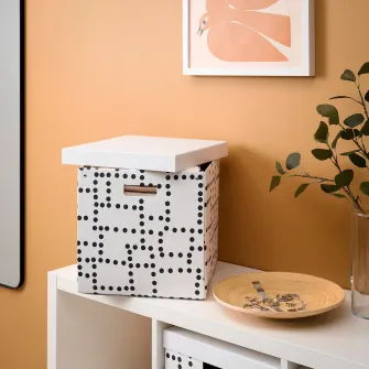 IKEA FJADERHARV Cutie cu capac, alb/buline, 32x35x31 cm