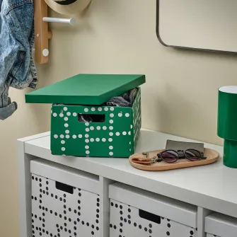 IKEA FJADERHARV Cutie cu capac, verde/buline, 25x35x16 cm