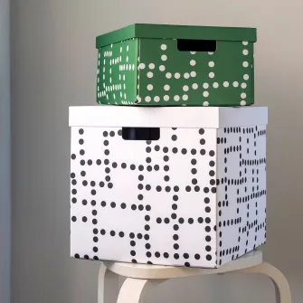 IKEA FJADERHARV Cutie cu capac, verde/buline, 25x35x16 cm