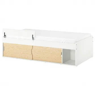 IKEA KLIPPUGGLA Cadru pat cu depozitare, alb/bara de protectie inclusa, 90x200 cm