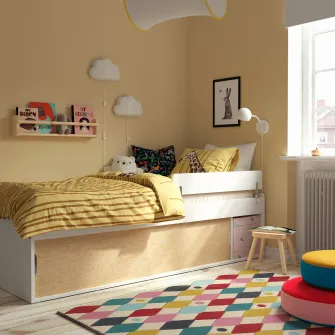 IKEA KLIPPUGGLA Cadru pat cu depozitare, alb/bara de protectie inclusa, 90x200 cm