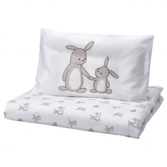 IKEA LEN Husa pilota+1 fata perna patut, alb bej/iepurasi, 110x125/35x55 cm