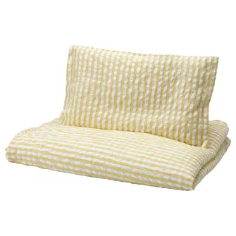 IKEA LEN Husa pilota+1 fata perna patut, alb galben/dungat gofrat, 110x125/35x55 cm