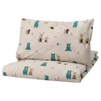 IKEA LEN Husa pilota+1 fata perna patut, bej/model cu iepurasi si ursuleti, 110x125/35x55 cm