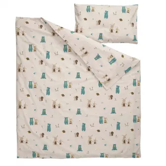 IKEA LEN Husa pilota+1 fata perna patut, bej/model cu iepurasi si ursuleti, 110x125/35x55 cm