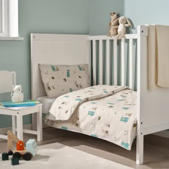 IKEA LEN Husa pilota+1 fata perna patut, bej/model cu iepurasi si ursuleti, 110x125/35x55 cm